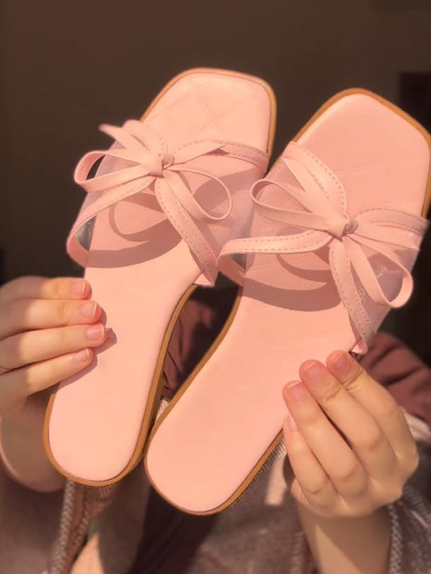 Women's Bow Decor Mesh Square Toe Flat Slides