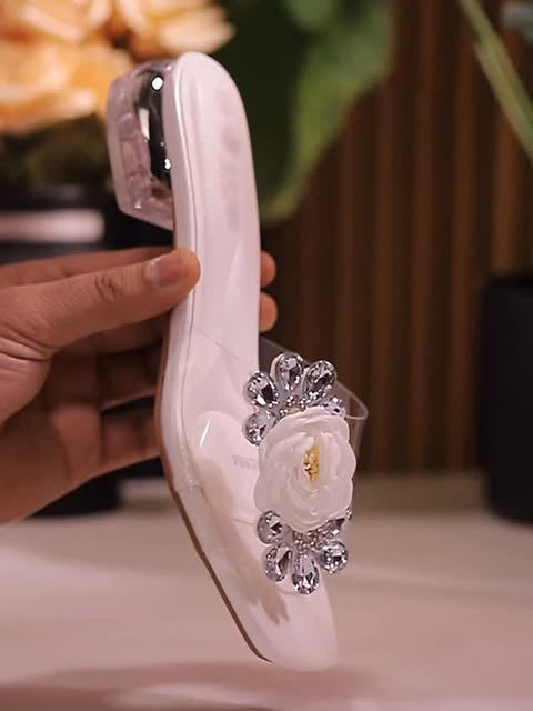 Ladies' Clear Strap 3D Rose Embellished Block Heel Mule Sandals
