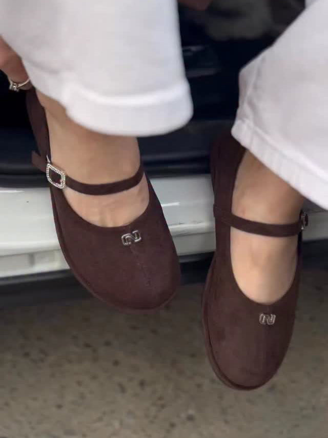 Ladies' Suede Mary Jane Flats with Rhinestone Buckle