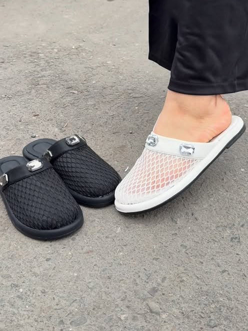 Ladies' Breathable Rhinestone-Studded Mesh Backless Loafer Slippers