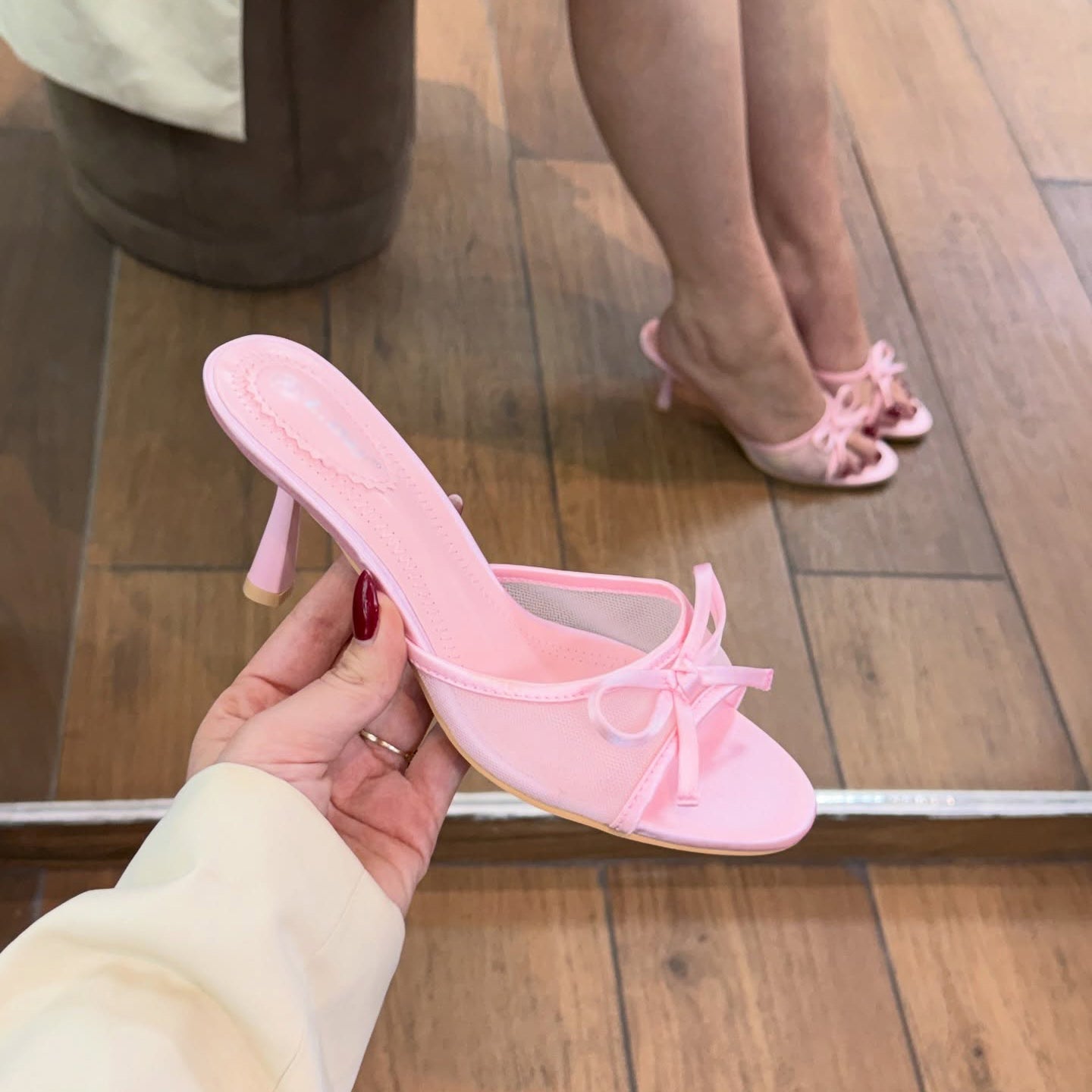 Ladies' Open-Toe Slip-On Heeled Sandals with Bow Accent