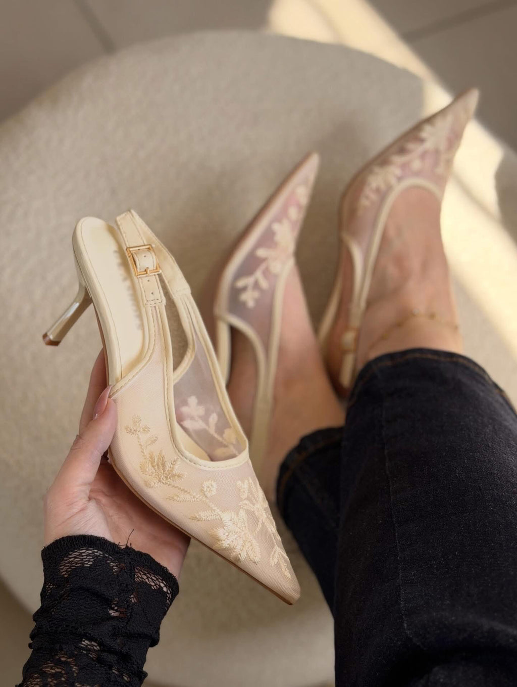 Ladies' Floral Embroidered Sheer Pointed-Toe Heels