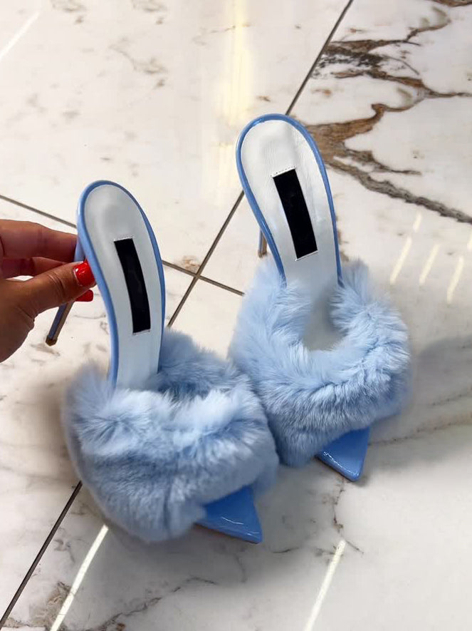 Women's Sky Blue Faux Fur Slipper Heels