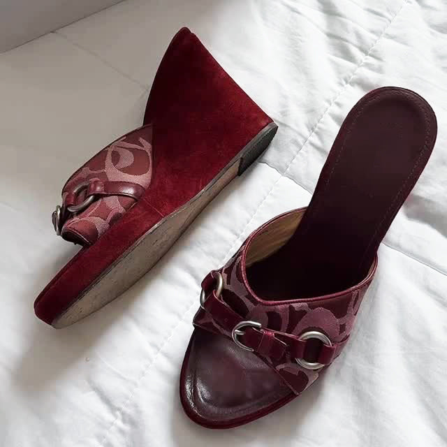 Ladies' Vintage Monogram Suede Wedge Mule Sandals