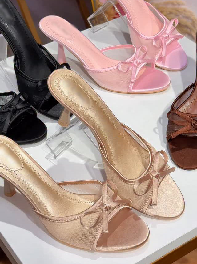 Ladies' Open-Toe Slip-On Heeled Sandals with Bow Accent