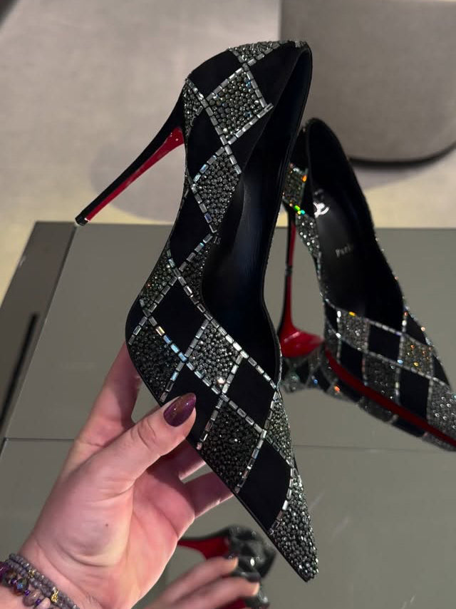 Ladies' Crystal Grid Red-Sole Pointed-Toe Pumps