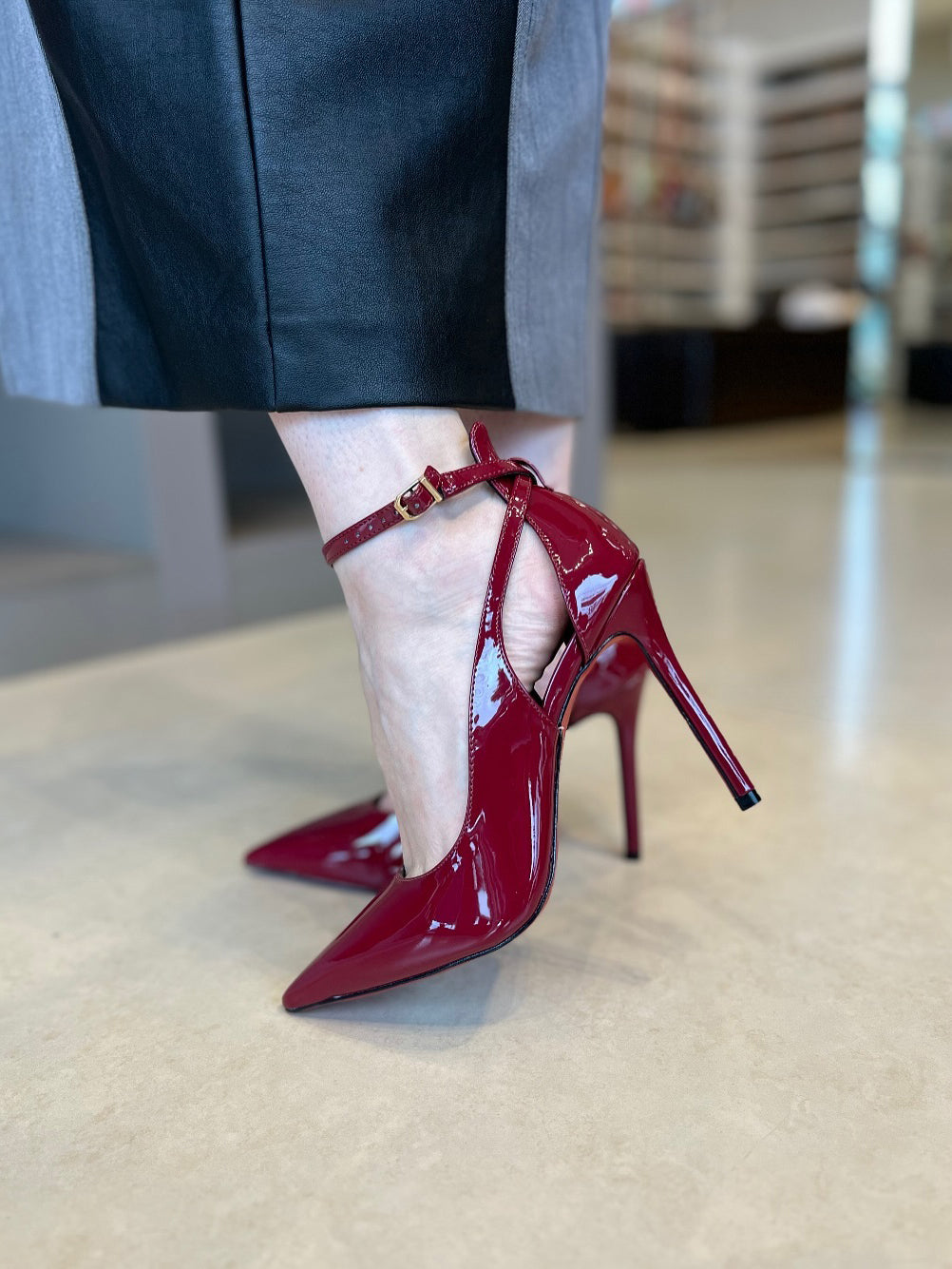 Patent Leather Cutout Pointed Ankle Strap Stiletto Heels