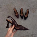 Ladies' Suede Mesh Slingback Sculptural Heel Pumps