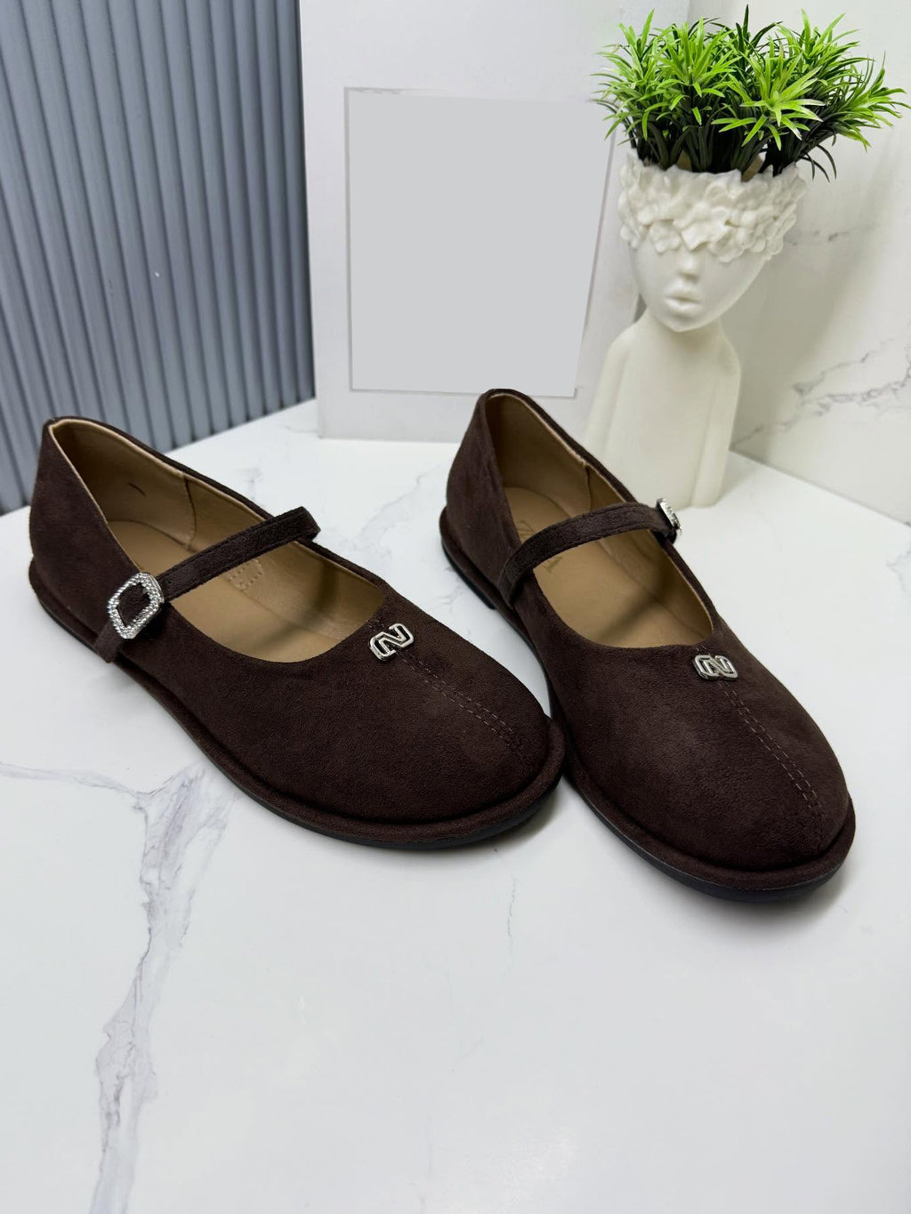 Ladies' Suede Mary Jane Flats with Rhinestone Buckle