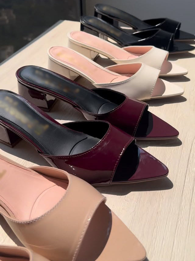 Women's Patent Leather Pointed-Toe Block Heel Mule Sandals