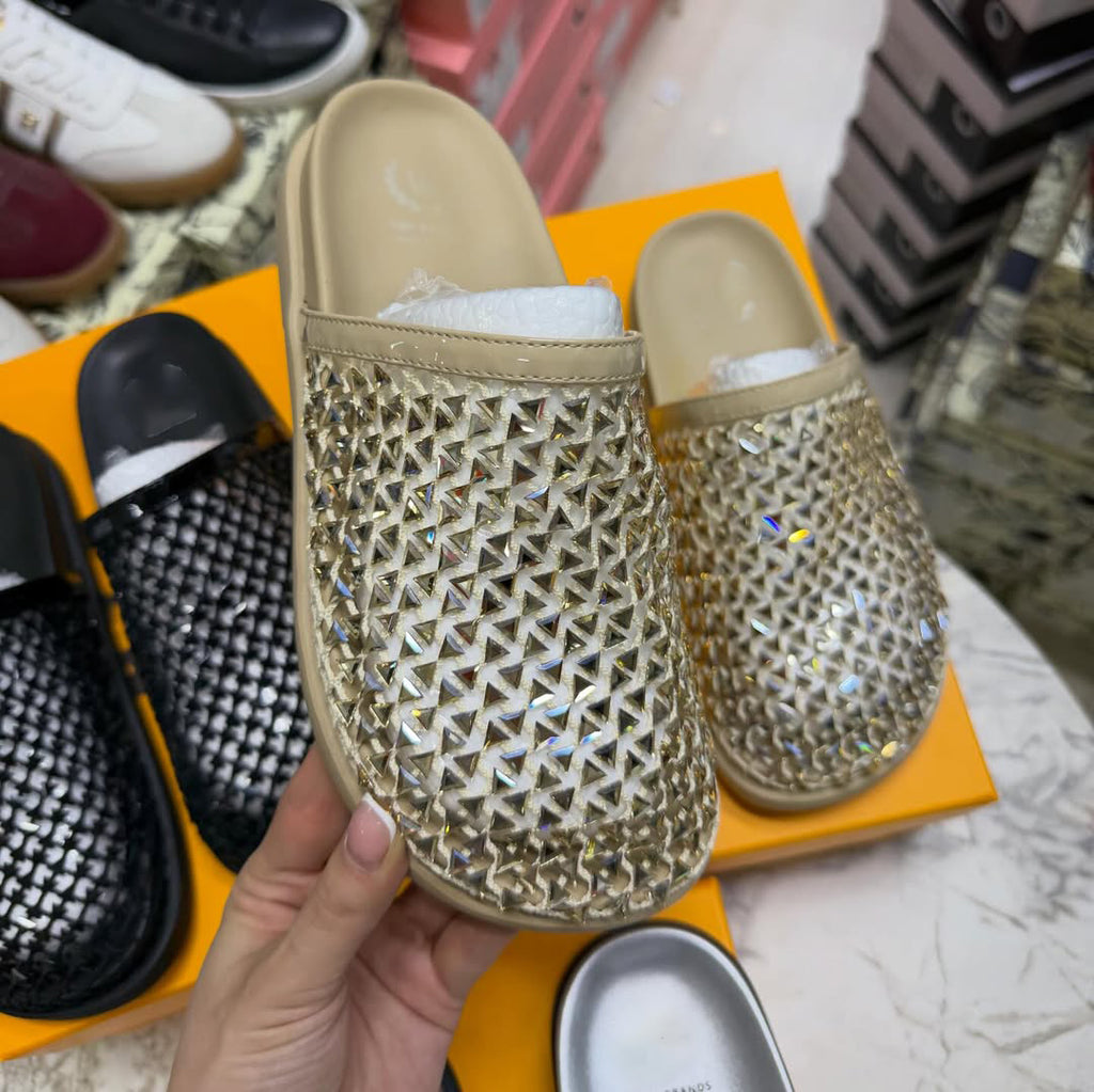 Sparkly Woven Rhinestone Flat Mules