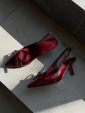 Ladies' Glossy Red Slingback Pumps with Bow Detail