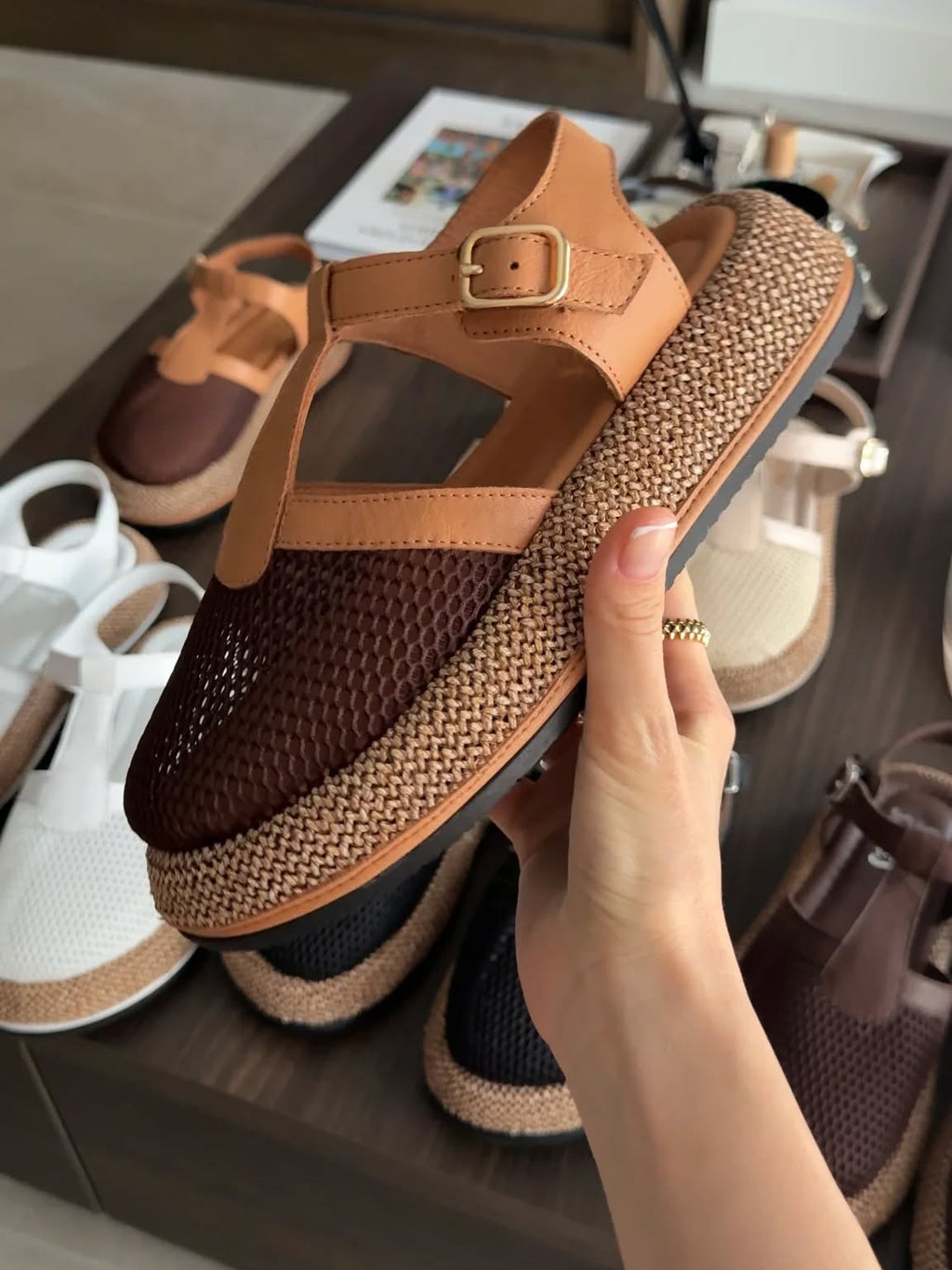 Ladies' Mesh T-Strap Espadrille Wedge Slingback Sandals