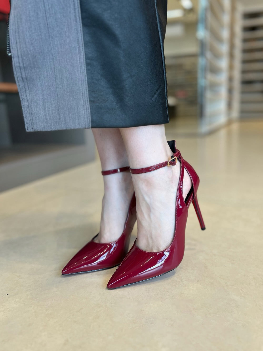Patent Leather Cutout Pointed Ankle Strap Stiletto Heels