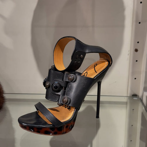 Black Leather Studded Platform Stiletto Heel Sandals