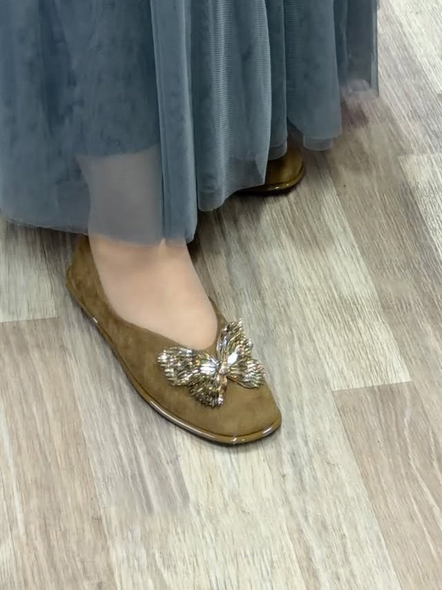 Ladies' Rhinestone Butterfly Embellished Square-Toe Flats