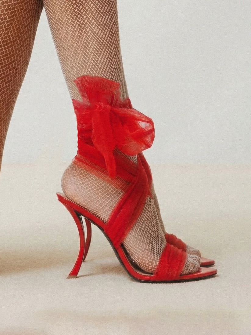 Ladies' Red Tulle Wrap-Around Sculptural Heel Sandals
