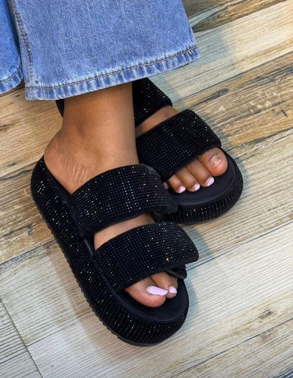 Ladies' Rhinestone-Embellished Double-Strap Platform Slides