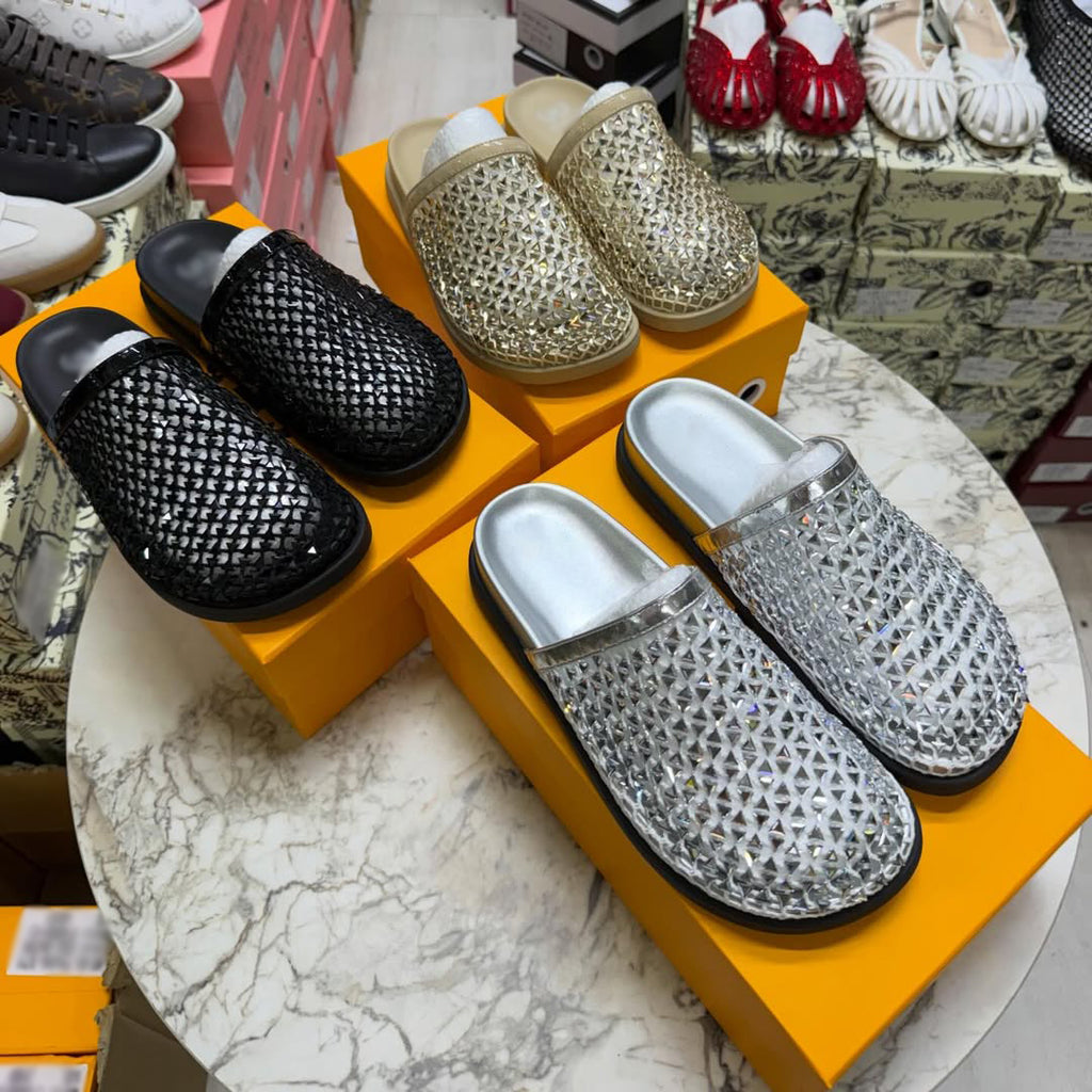 Sparkly Woven Rhinestone Flat Mules