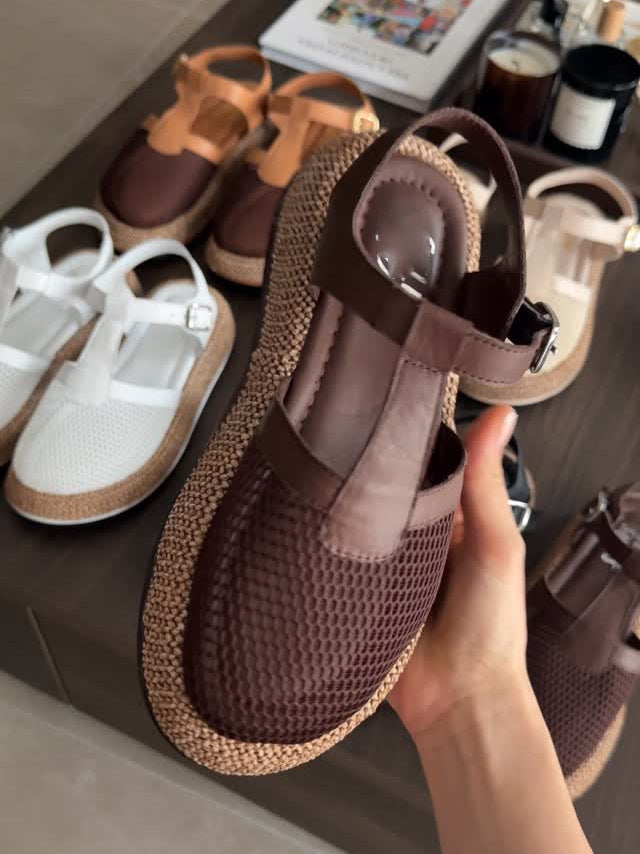 Ladies' Mesh T-Strap Espadrille Wedge Slingback Sandals