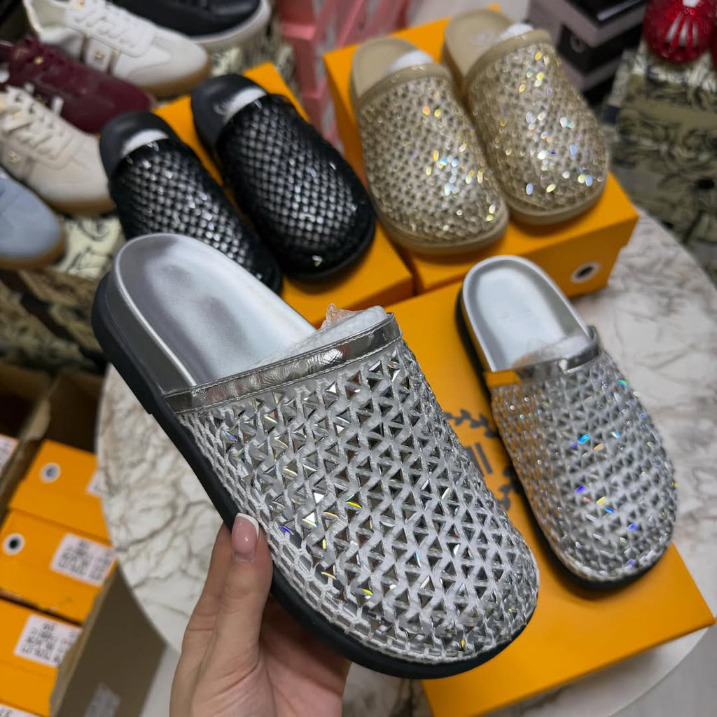 Sparkly Woven Rhinestone Flat Mules