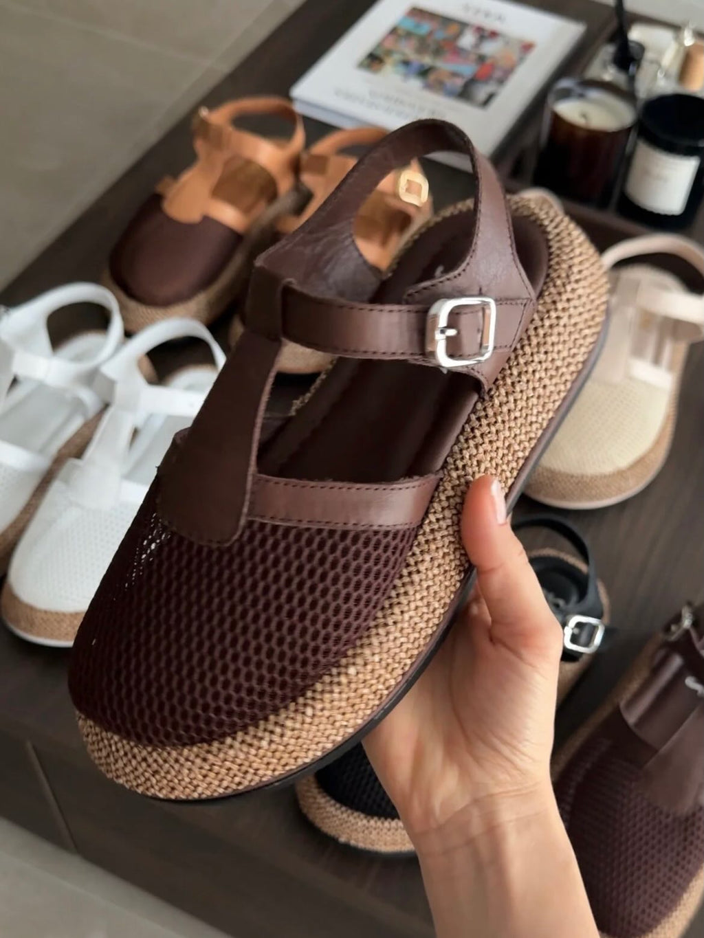 Ladies' Mesh T-Strap Espadrille Wedge Slingback Sandals