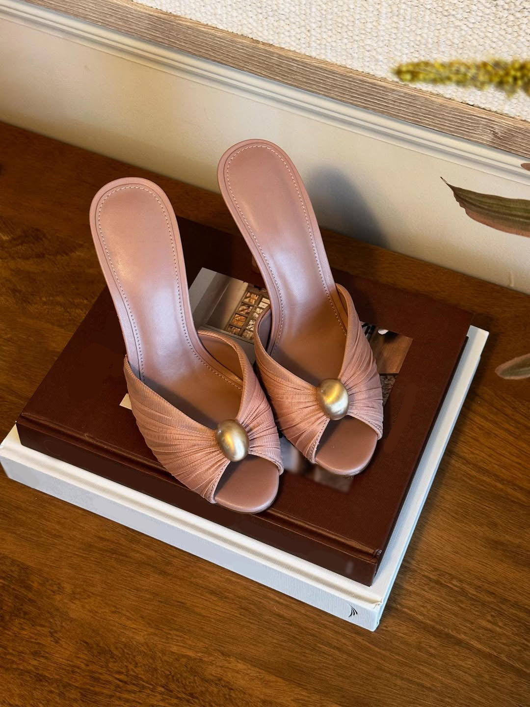 Metallic Button Ruched Stiletto Heeled Mules