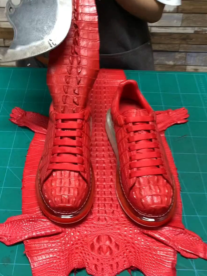Men's Handmade Red Crocodile-Embossed Leather Sneakers