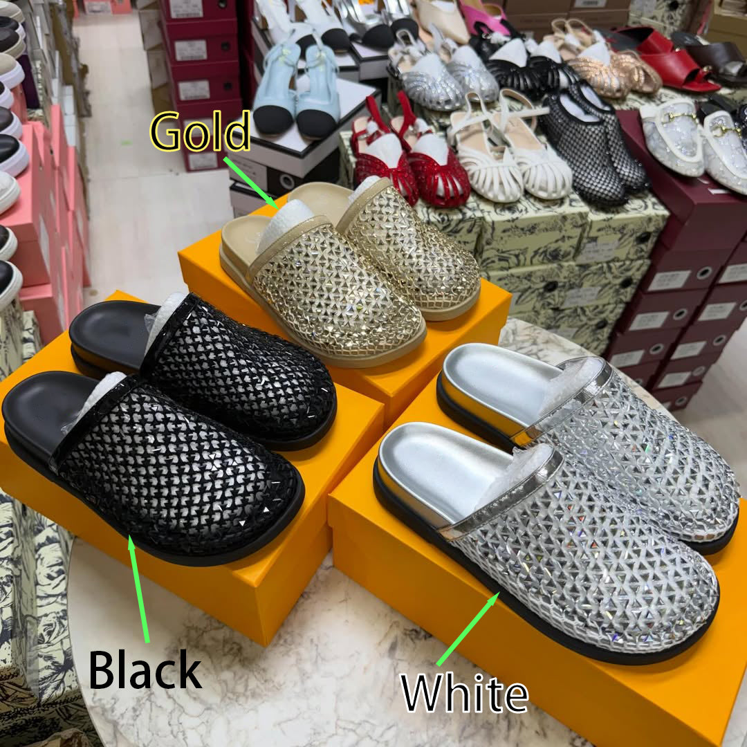 Sparkly Woven Rhinestone Flat Mules