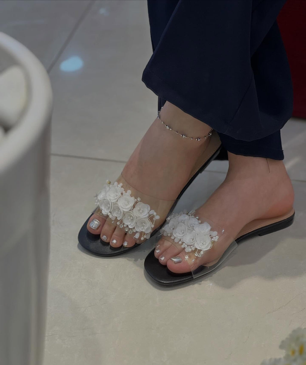 Ladies' Floral Appliqué Clear Strap Slide Sandals