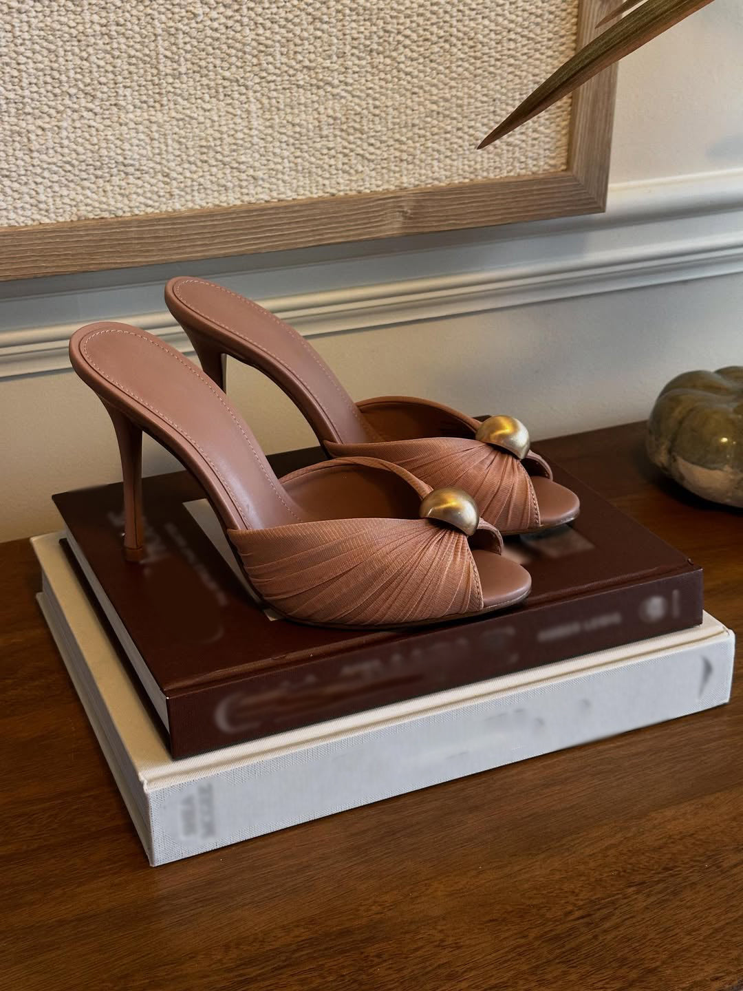 Metallic Button Ruched Stiletto Heeled Mules