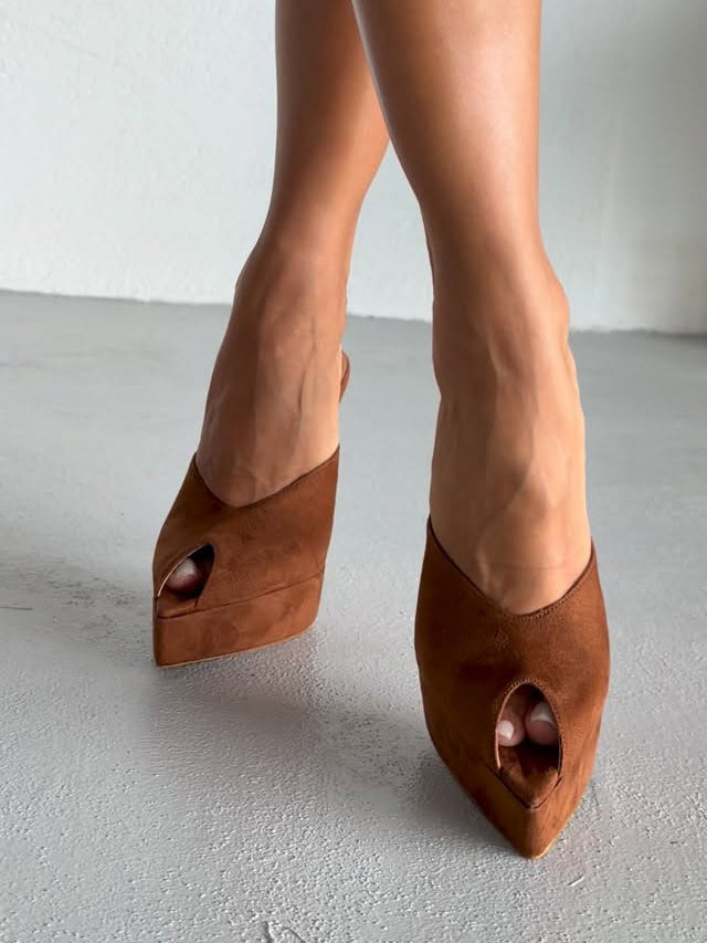 Ladies' Suede Peep-Toe Platform Stiletto Mules