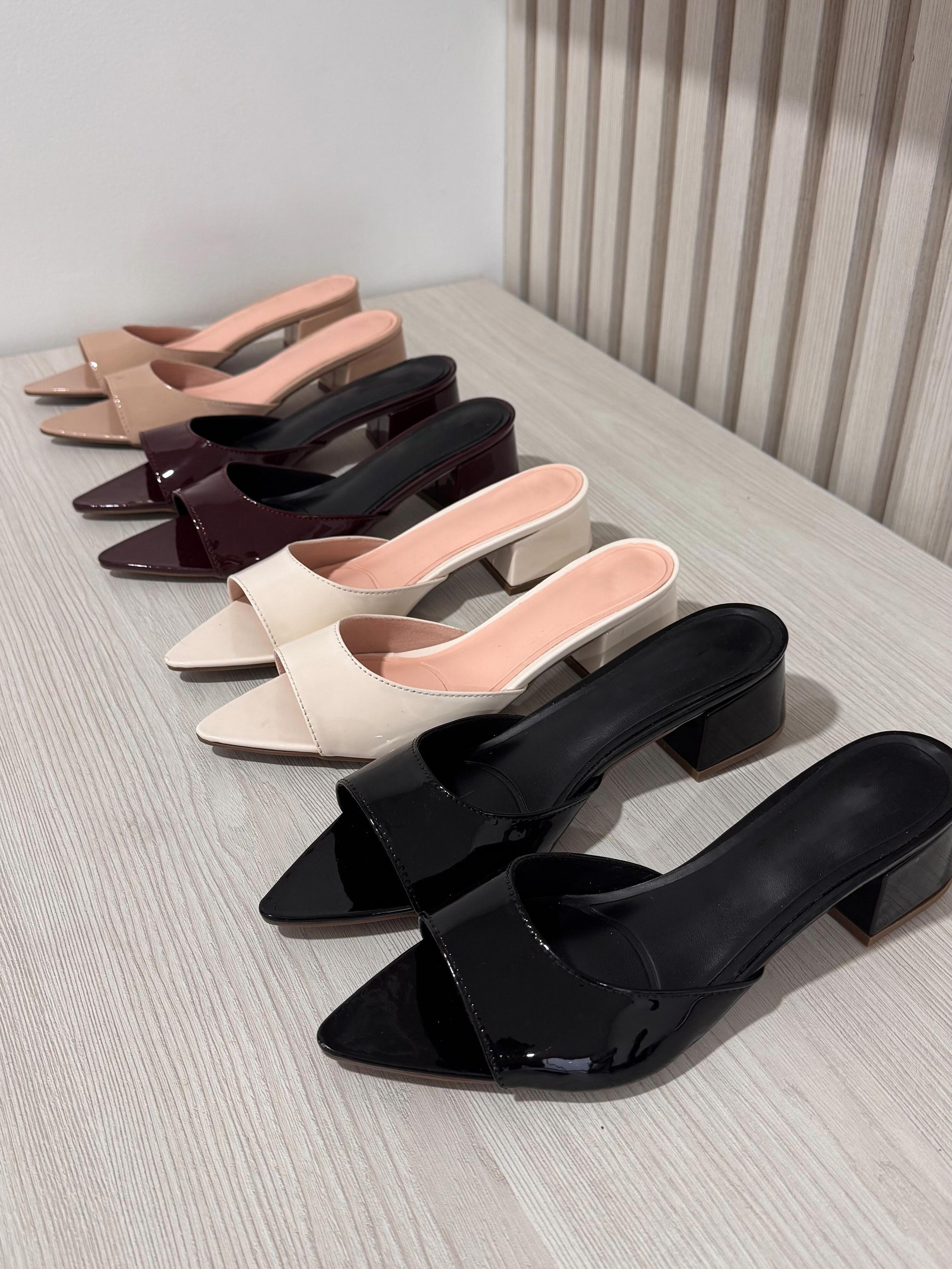 Women's Patent Leather Pointed-Toe Block Heel Mule Sandals