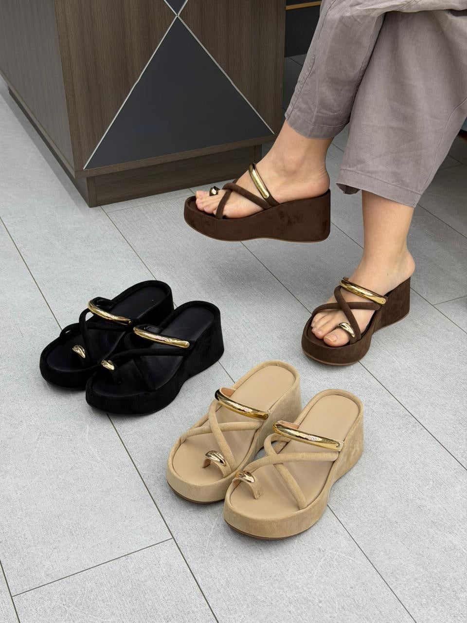 Women's Suede Toe-Ring Wedge Sandals with Gold Accents