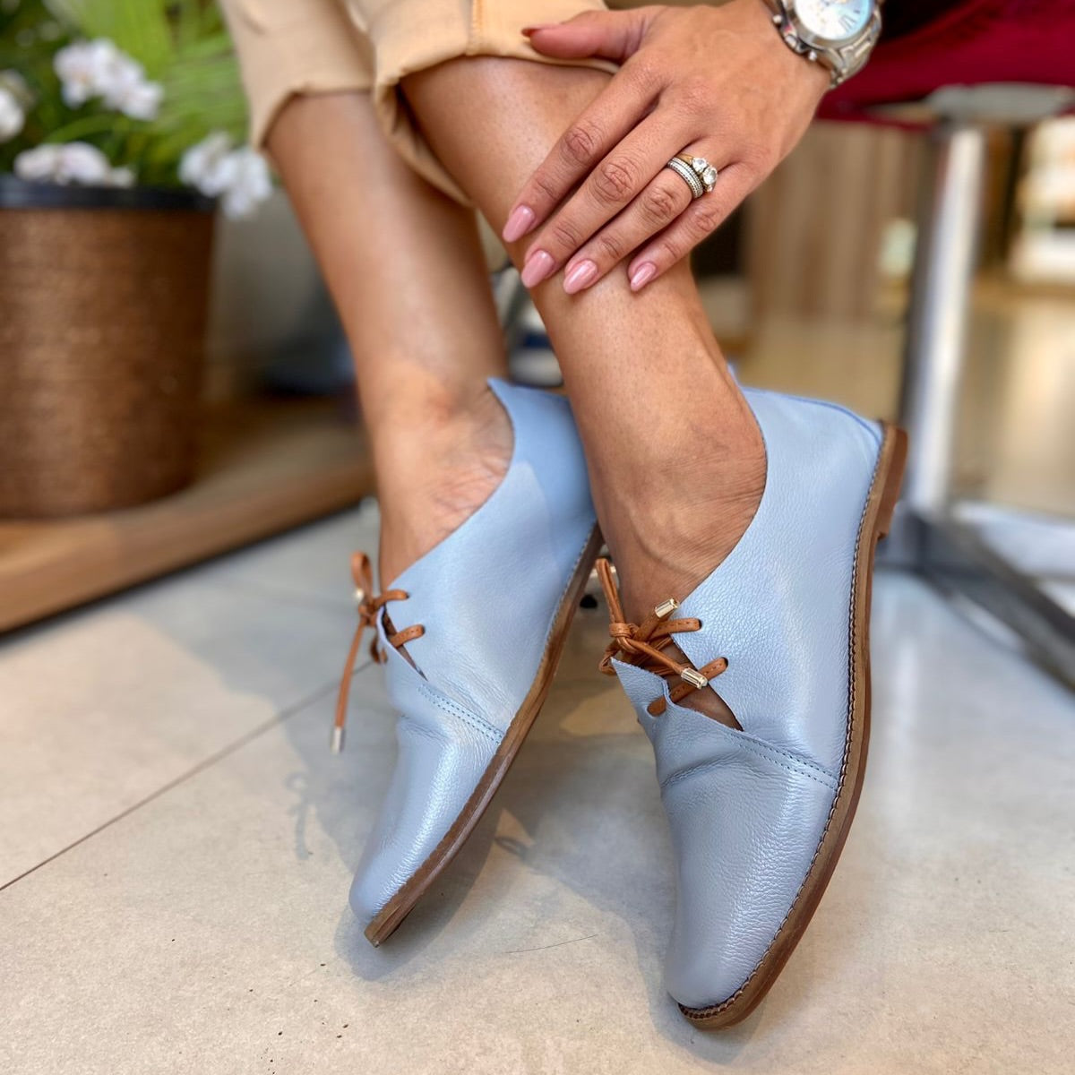 Ladies' Square-Toe Lace-Up Leather Flats
