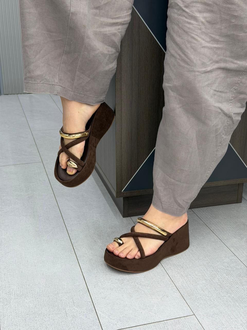 Women's Suede Toe-Ring Wedge Sandals with Gold Accents