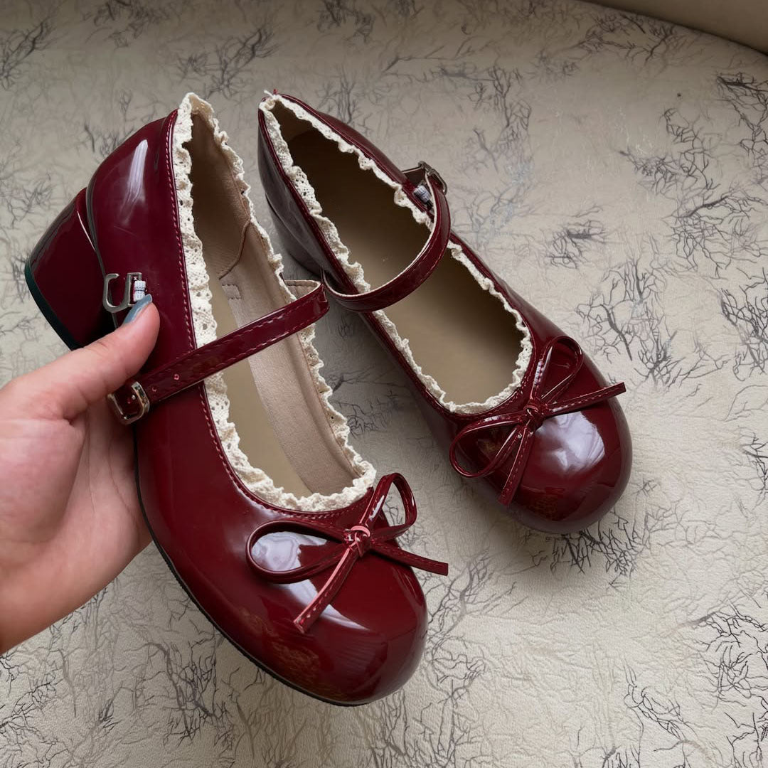 Ladies' Burgundy Patent Lace Trim Mary Jane Block Heels