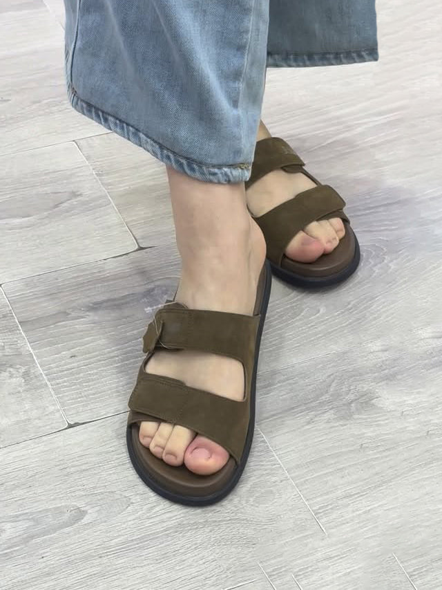 Ladies Adjustable Dual Strap Suede Slide Sandals