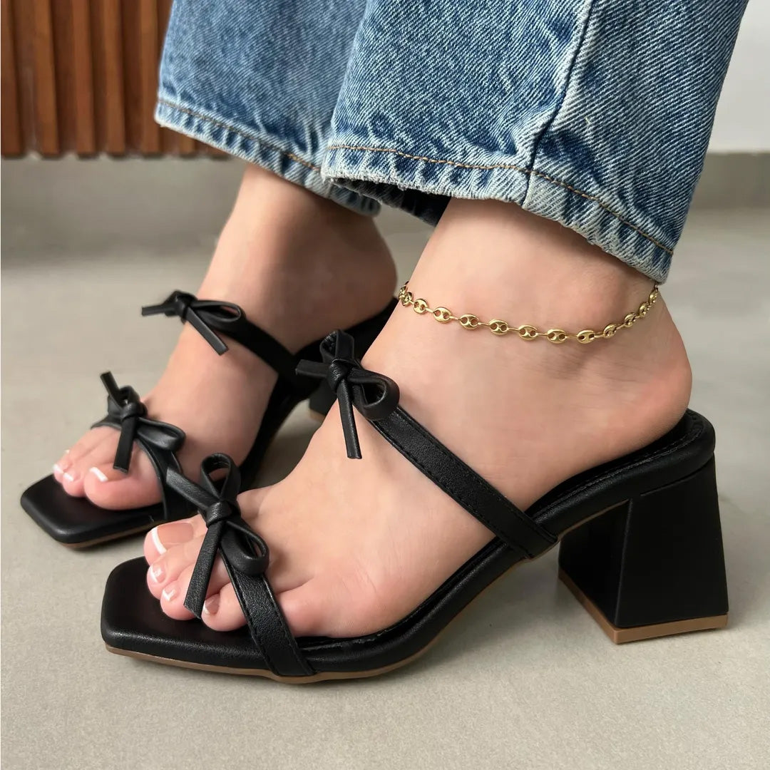 Ladies' Bow-Detail Block Heel Slide Sandals