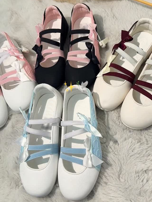 Ladies' Ballet-Inspired Bow & Lace Mary Jane Flats