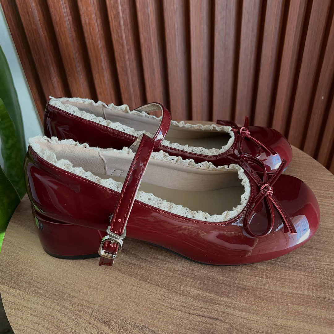 Ladies' Burgundy Patent Lace Trim Mary Jane Block Heels