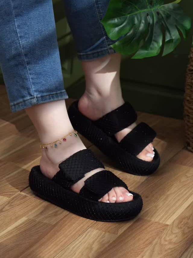 Ladies' Rhinestone-Embellished Double-Strap Platform Slides