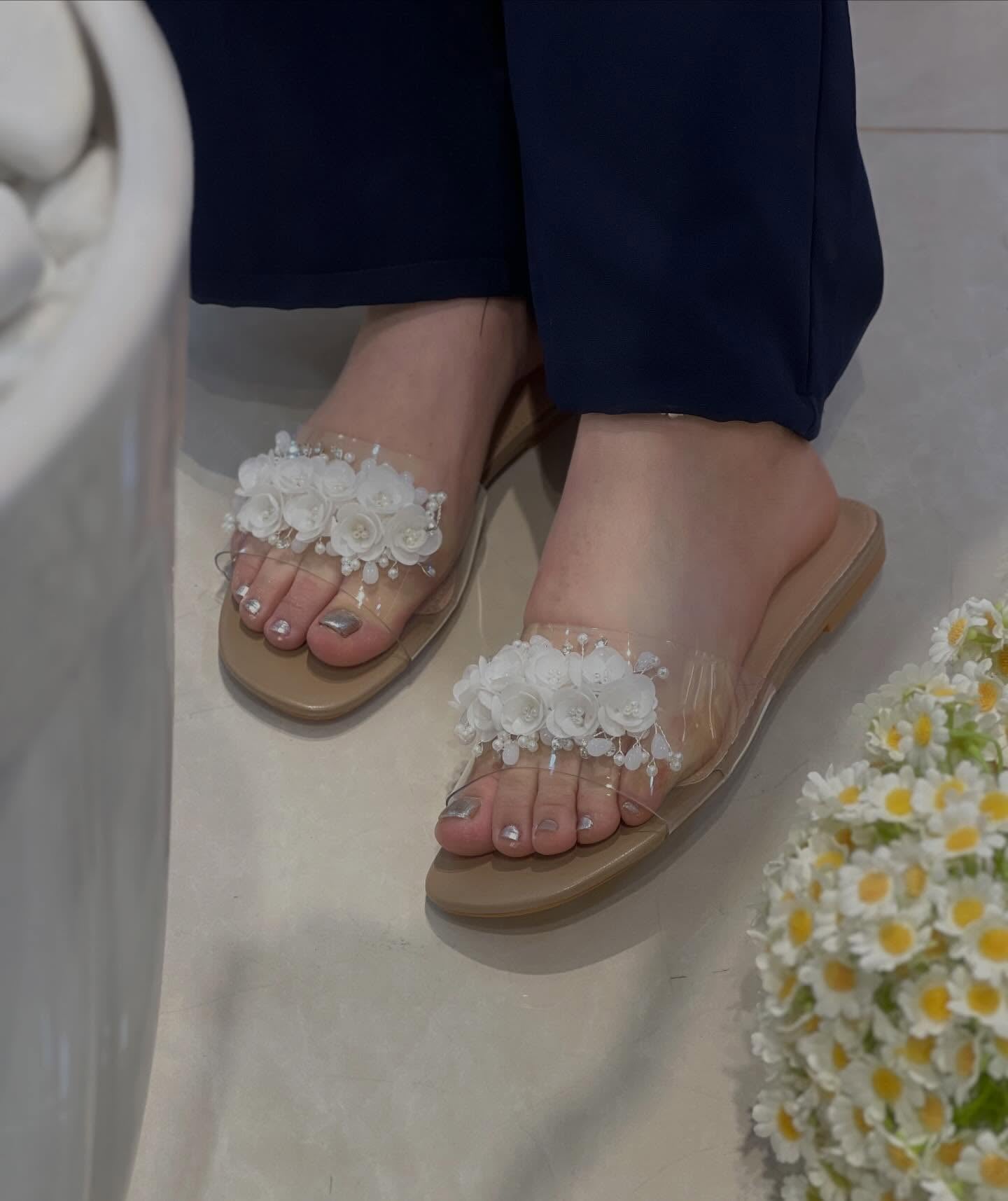 Ladies' Floral Appliqué Clear Strap Slide Sandals
