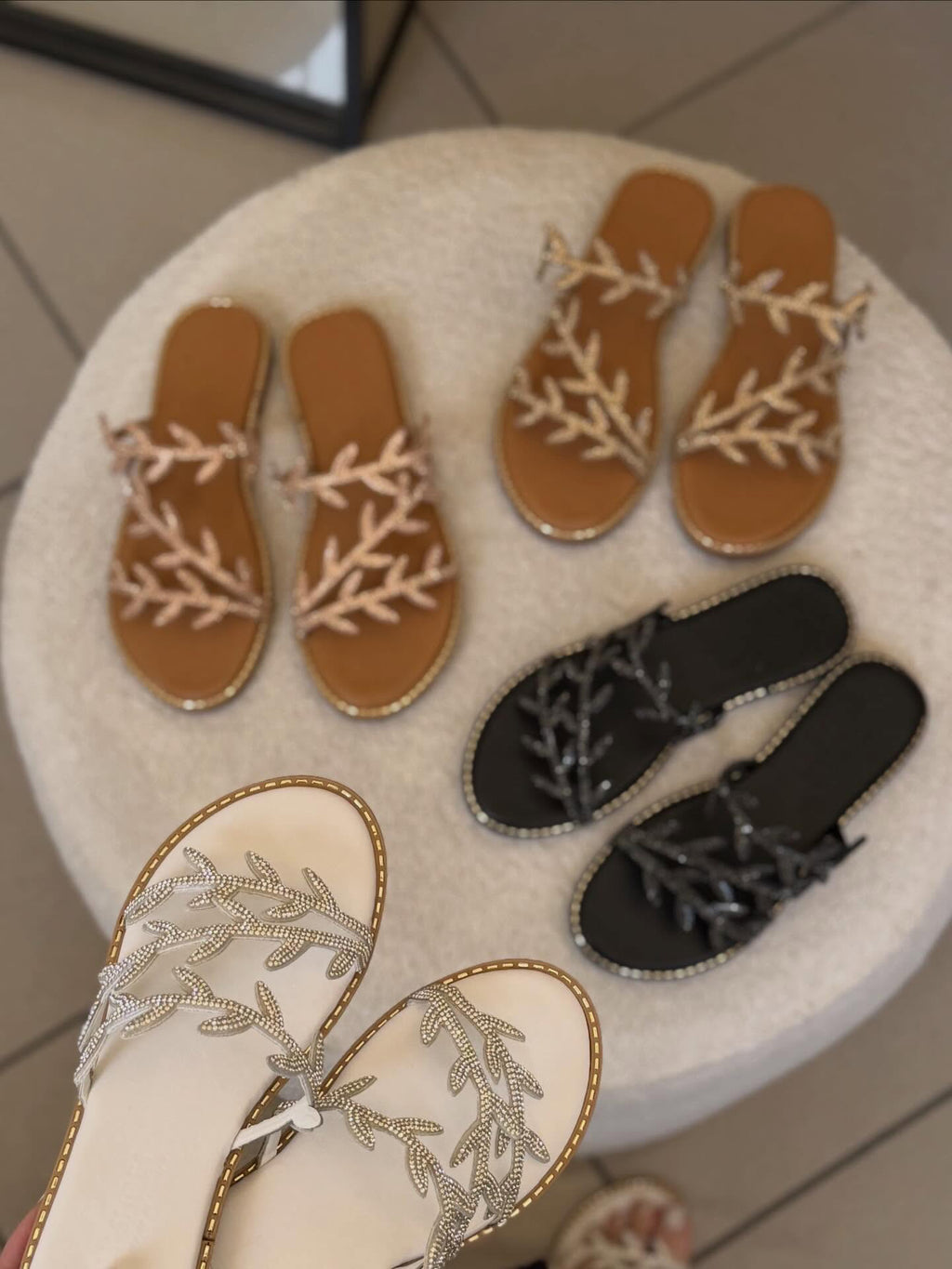 Ladies' Leaf Rhinestone Flat Slide Sandals