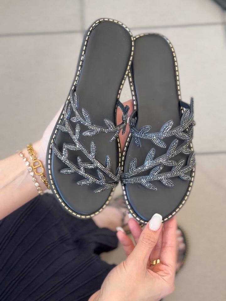 Ladies' Leaf Rhinestone Flat Slide Sandals