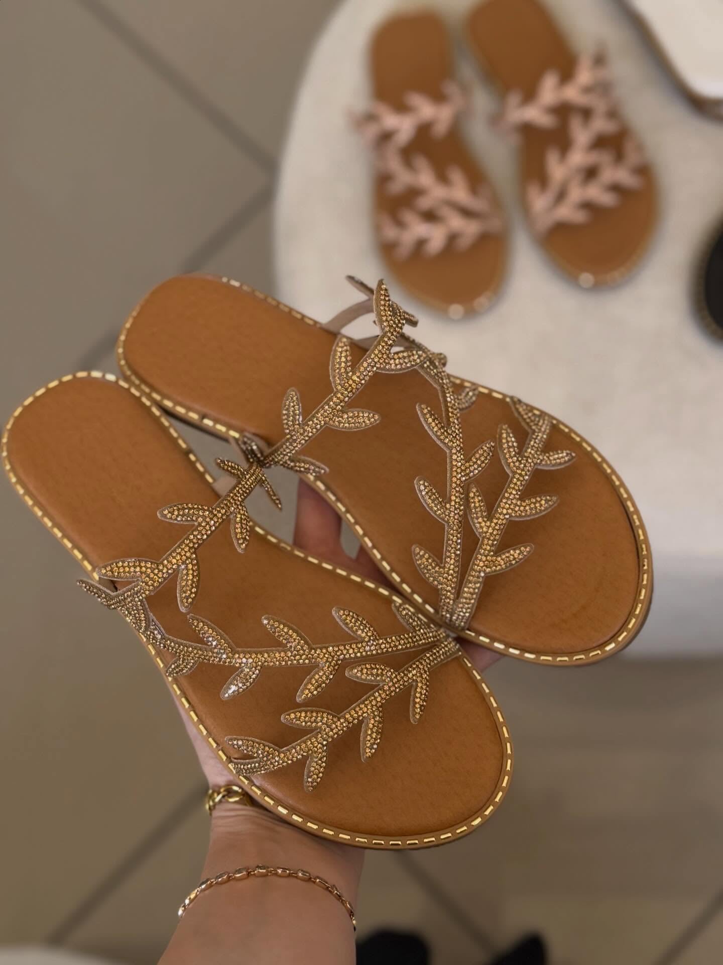 Ladies' Leaf Rhinestone Flat Slide Sandals