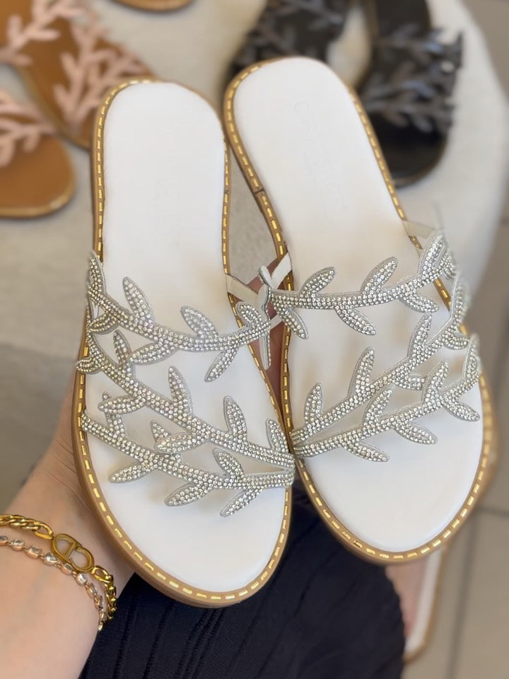 Ladies' Leaf Rhinestone Flat Slide Sandals