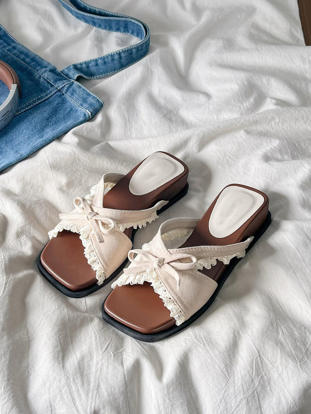 Ladies' Lace Trim Bow Wedge Slide Sandals