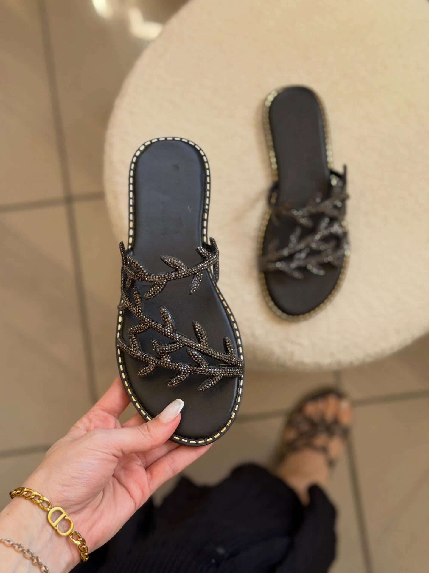 Ladies' Leaf Rhinestone Flat Slide Sandals