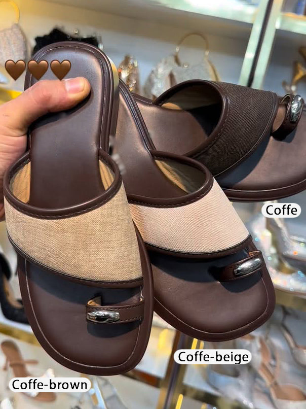Ladies' Linen & Leather Toe-Loop Slide Sandals